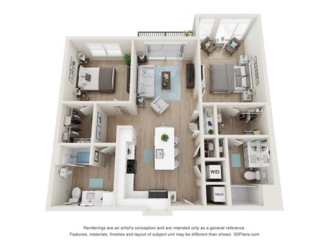 Floor plan for 2 beds, 2 baths, 1142 sqft